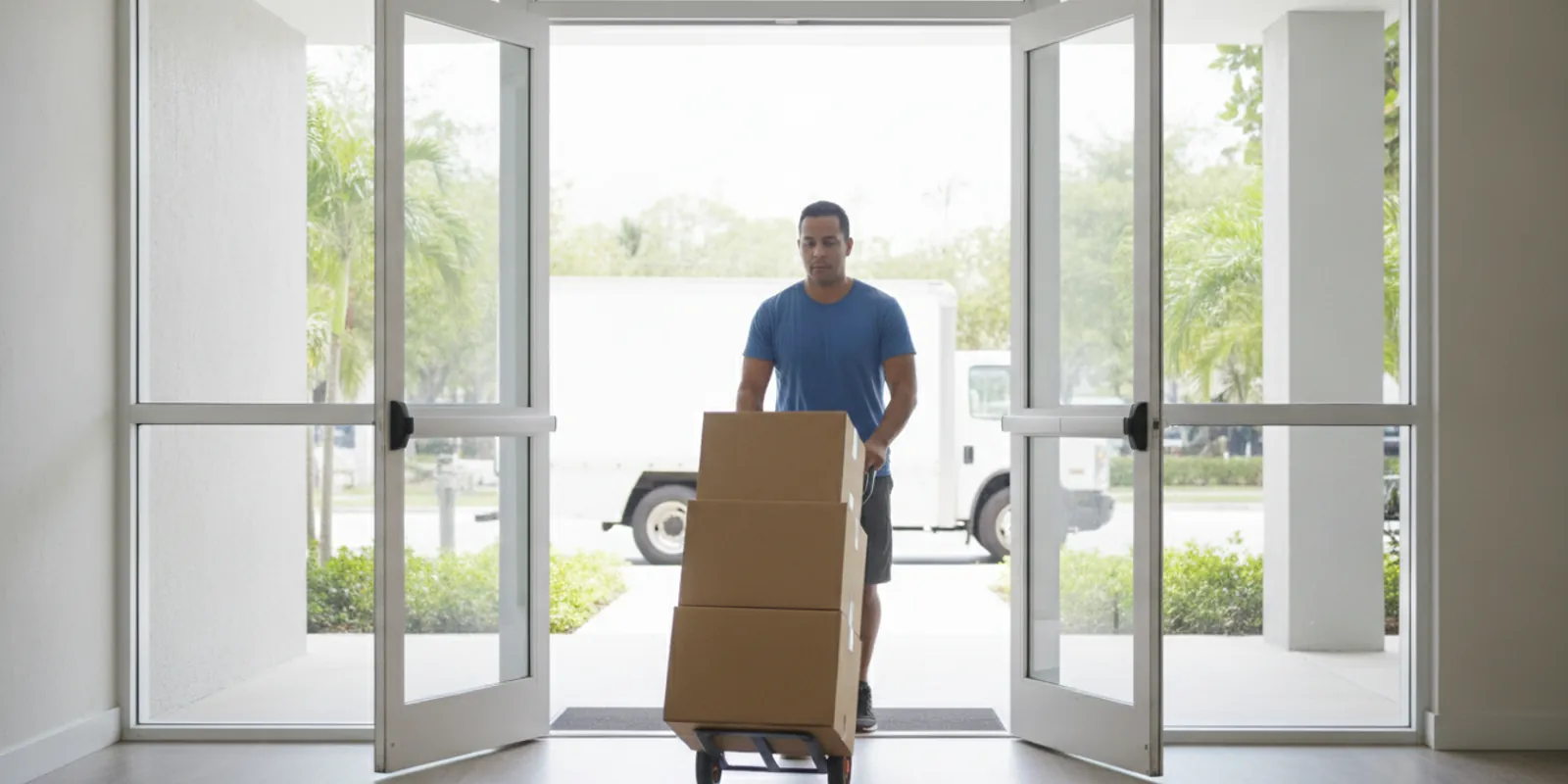 Mover wheeling a stack of moving boxes on a dolly into a modern Miami apartment building — Movers Miami Plus