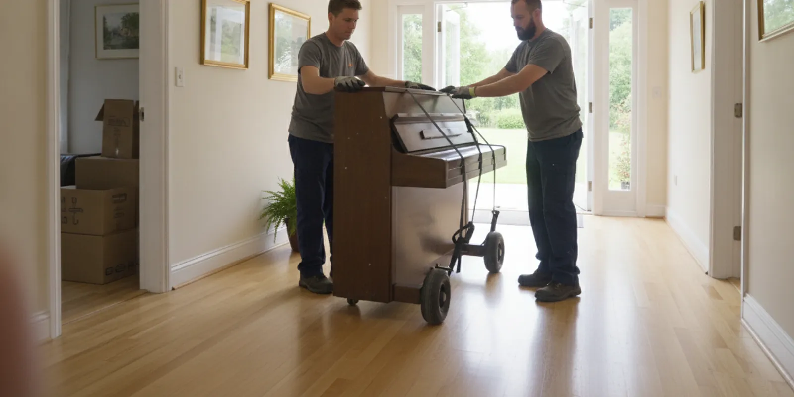 Movers carefully moving an upright piano on a piano dolly with straps in a bright interior — Movers Miami Plus