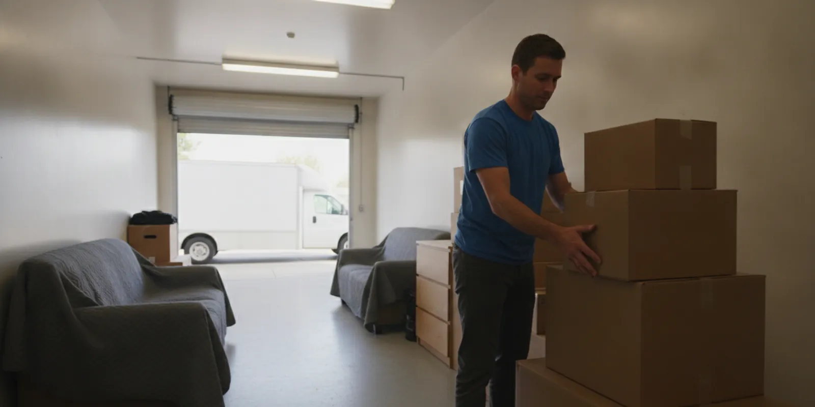 Clean, well-lit self-storage unit with a mover neatly stacking labeled boxes and wrapped furniture — Movers Miami Plus